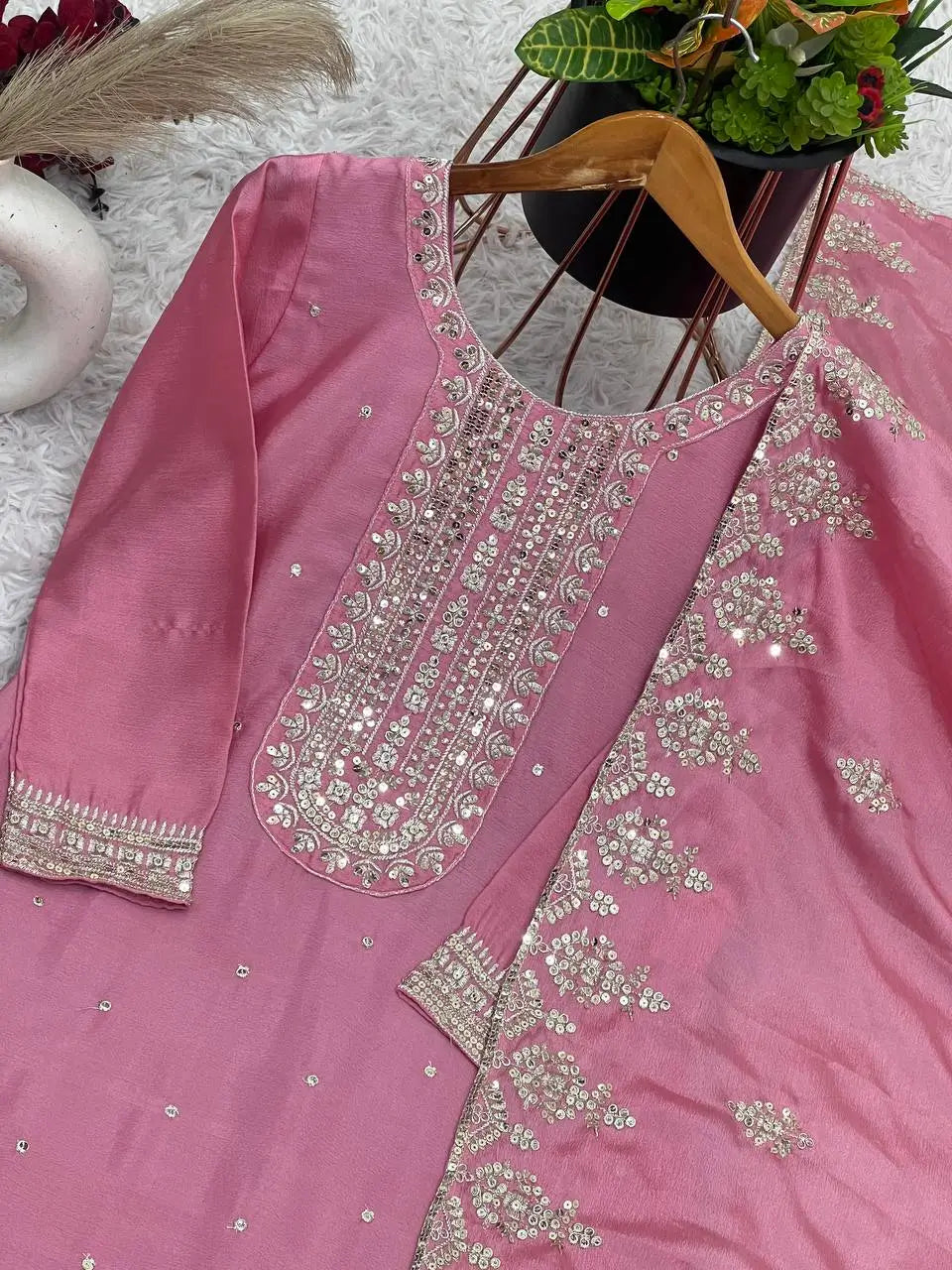 Embroidered Chinnon Silk Suit Set with Dupatta