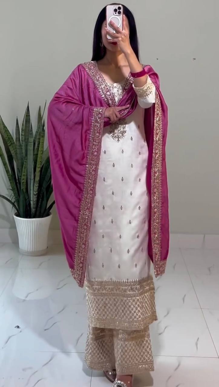 Embroidered Chinnon Silk Suit Set with Dupatta