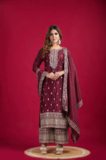 Embroidered Chinnon Silk Suit Set with Dupatta