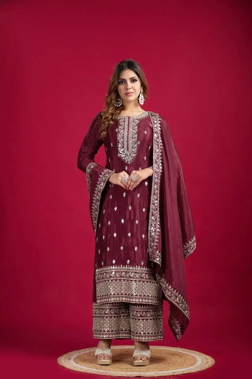 Embroidered Chinnon Silk Suit Set with Dupatta
