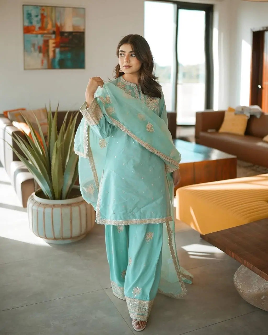 Embroidered Chinnon Silk Suit Set with Tissue Silk Dupatta