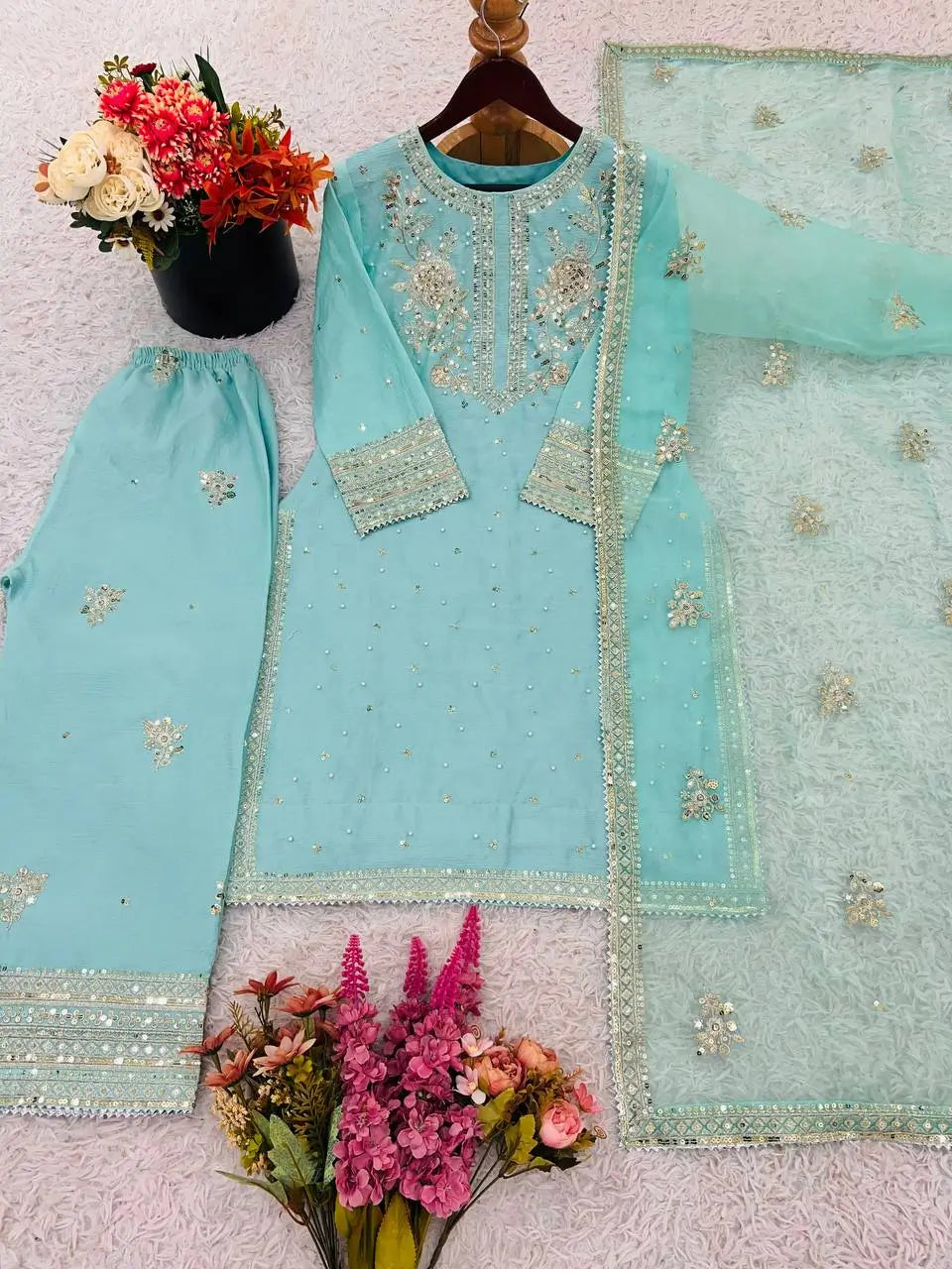 Embroidered Chinnon Silk Suit Set with Tissue Silk Dupatta