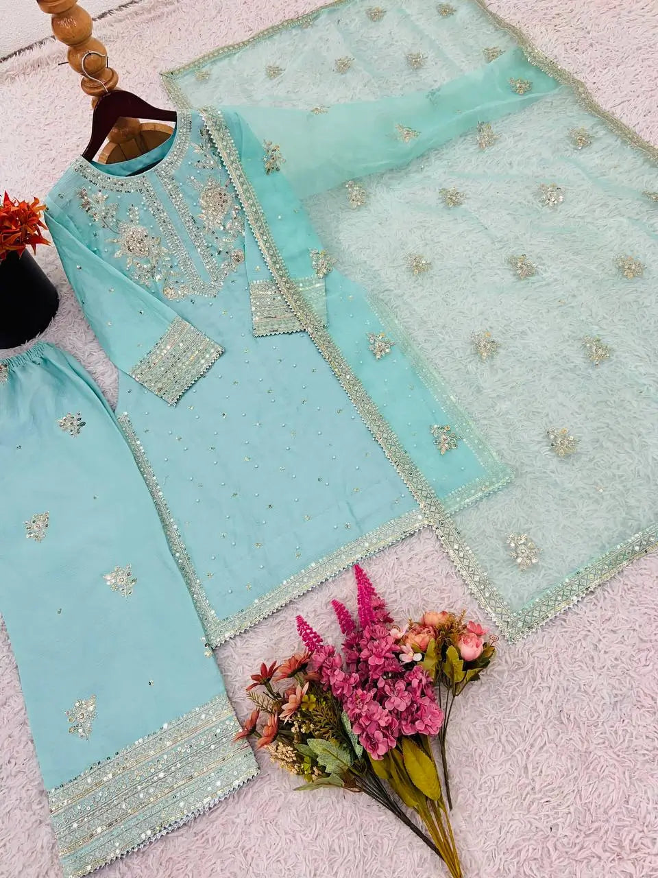 Embroidered Chinnon Silk Suit Set with Tissue Silk Dupatta