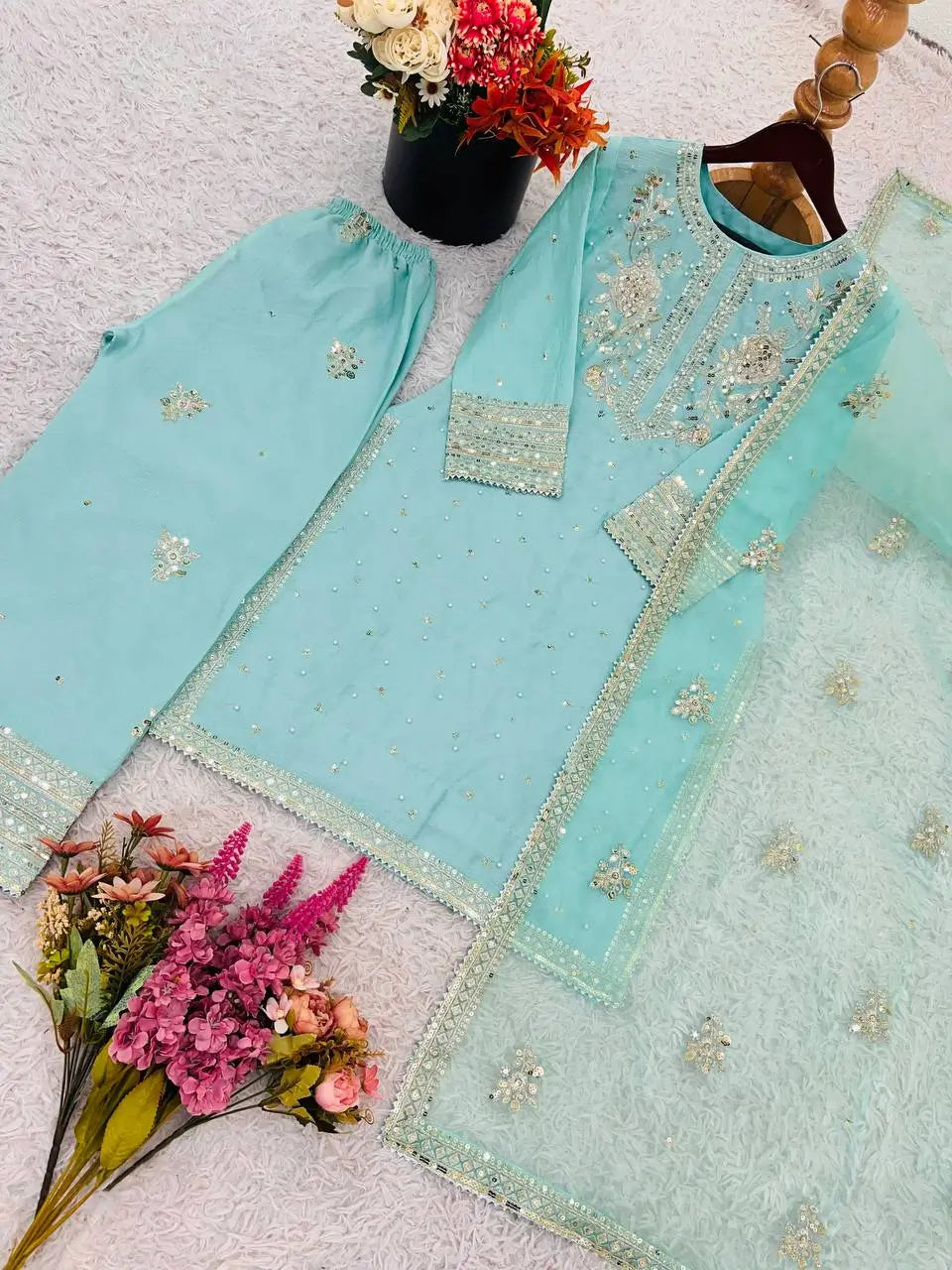 Embroidered Chinnon Silk Suit Set with Tissue Silk Dupatta