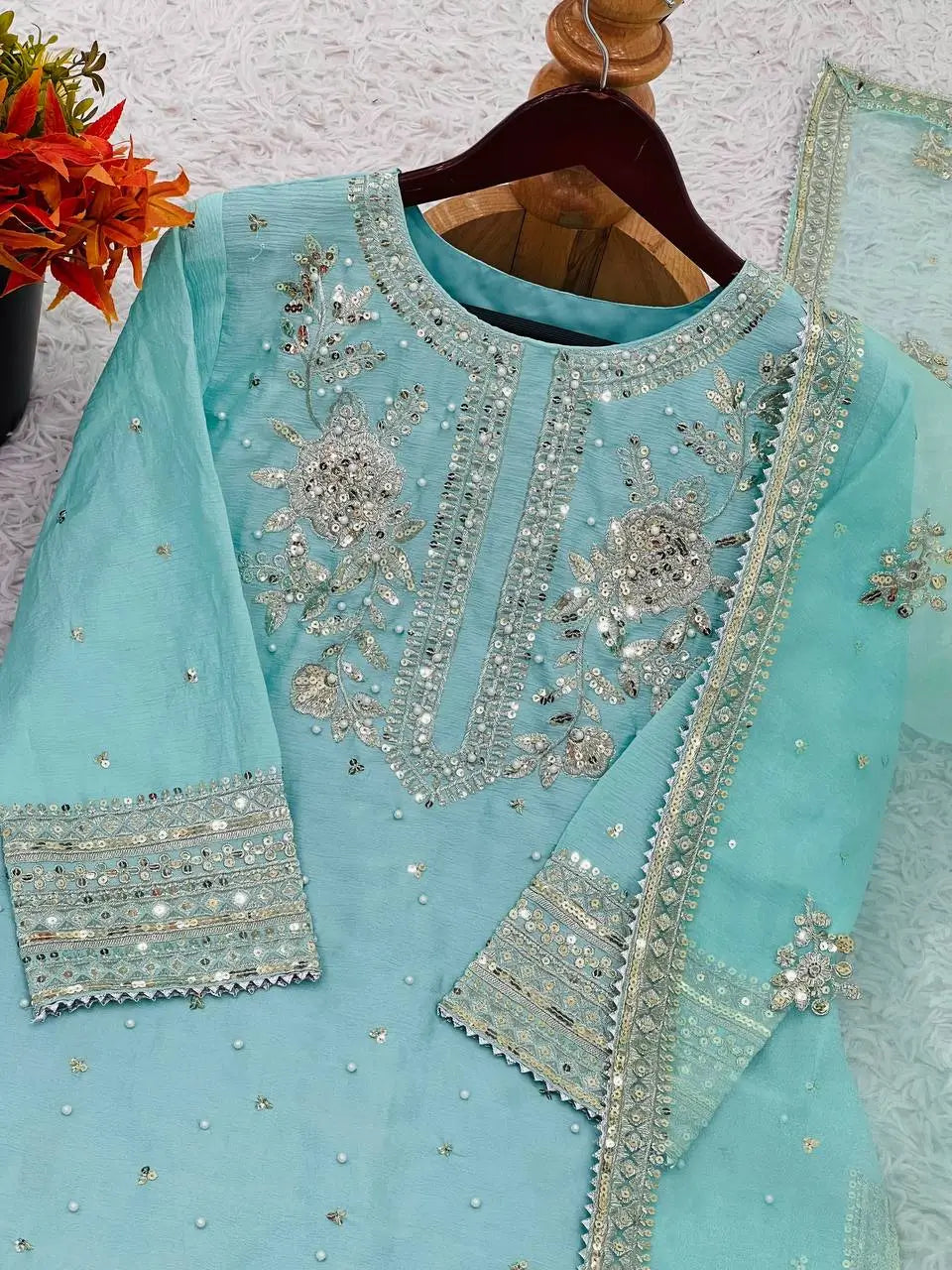 Embroidered Chinnon Silk Suit Set with Tissue Silk Dupatta