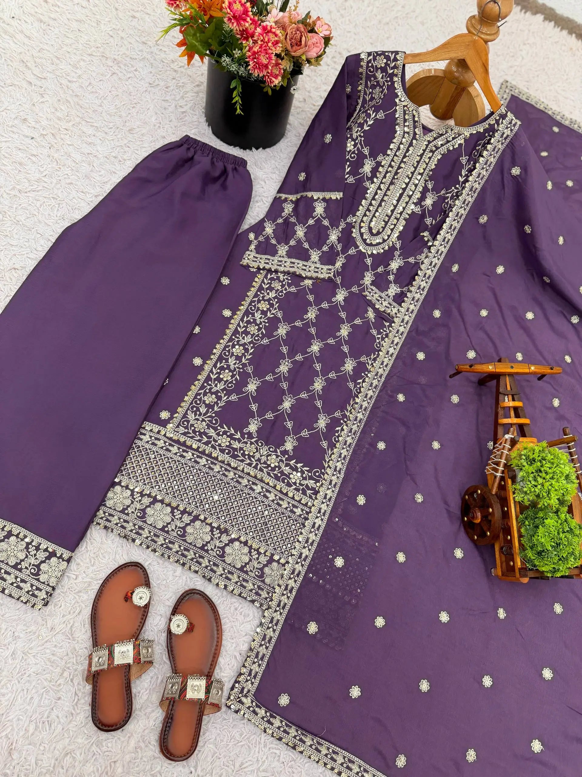 Embroidered Chinnon Straight Suit Set