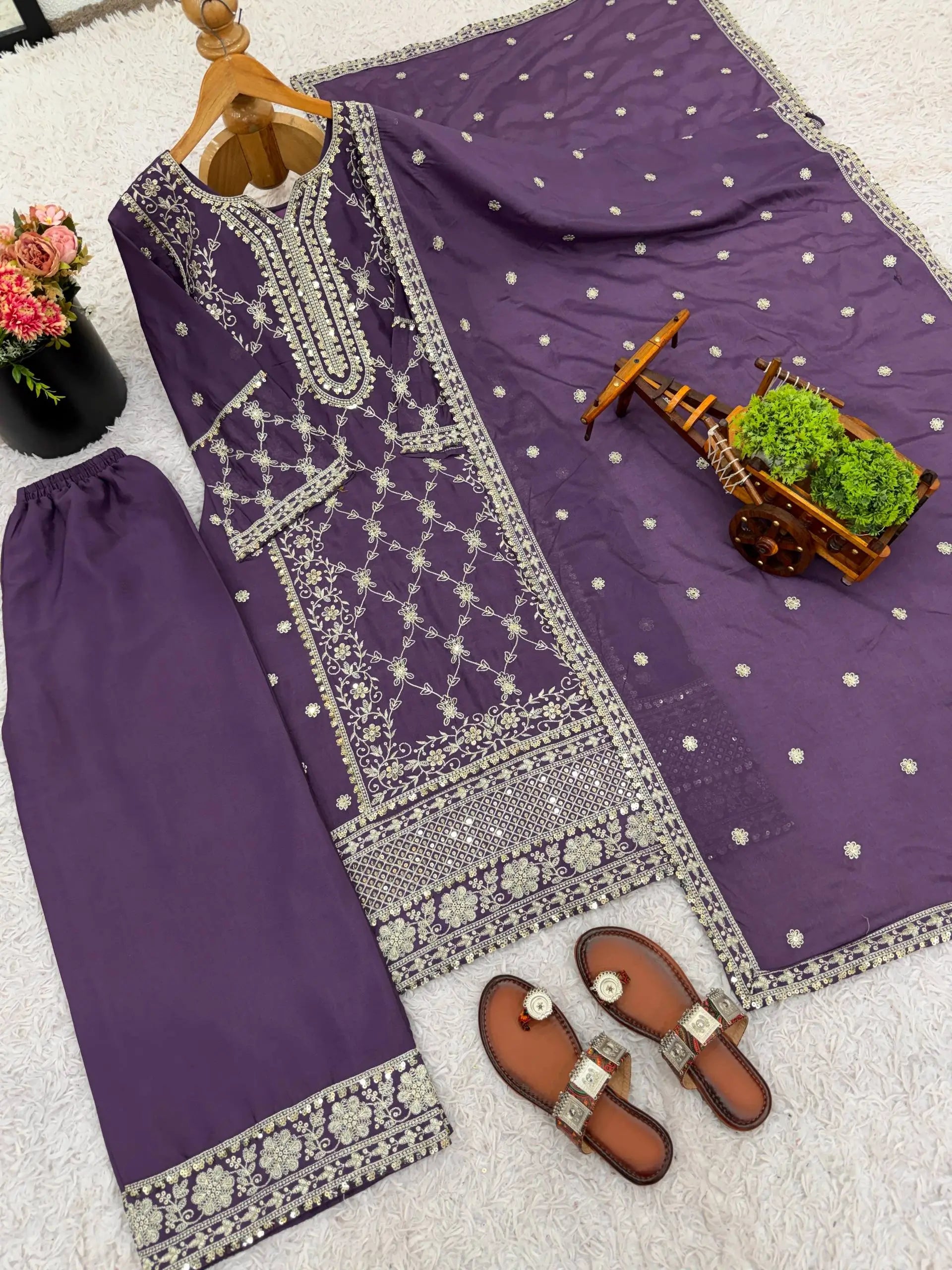 Embroidered Chinnon Straight Suit Set