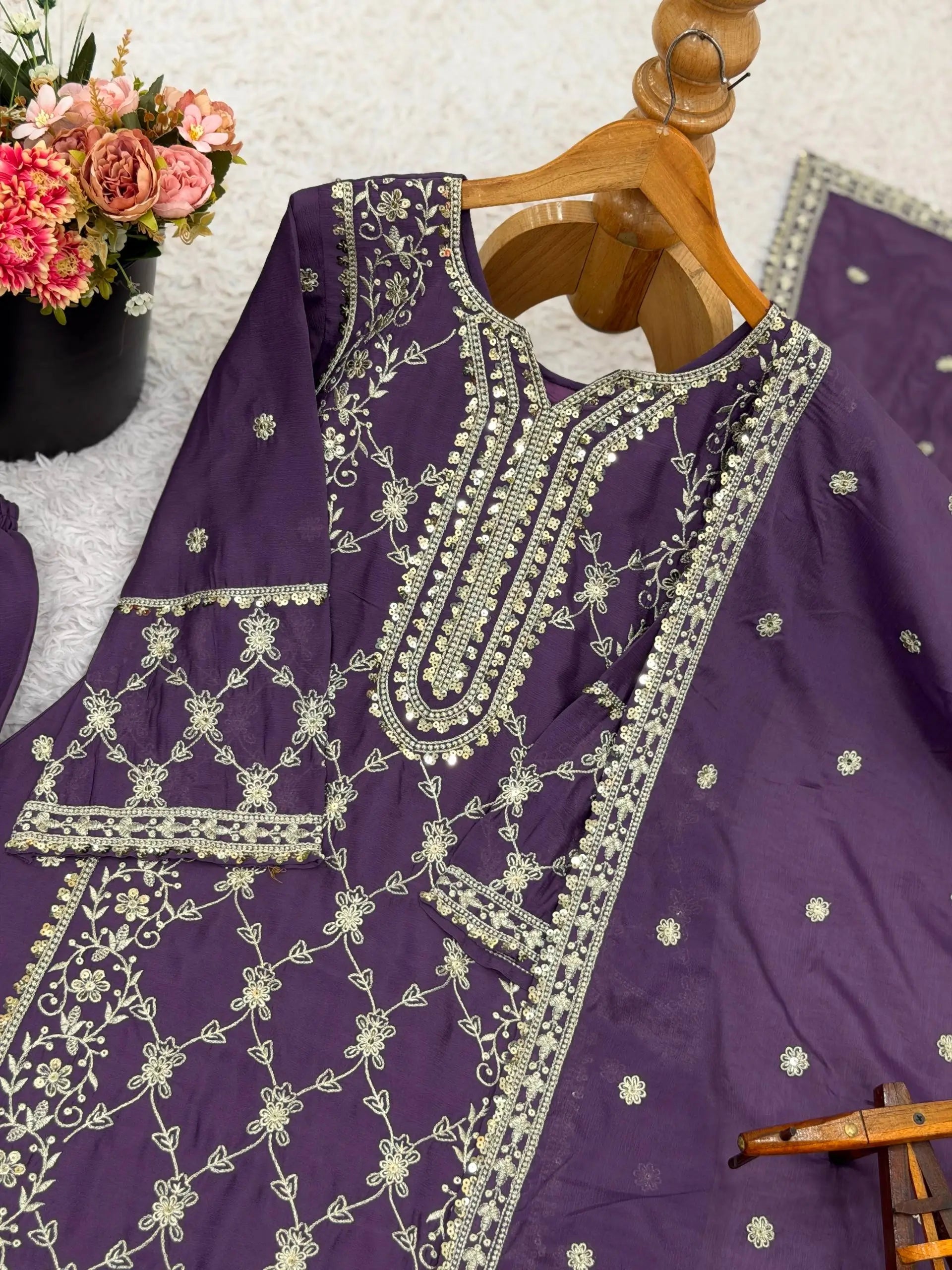 Embroidered Chinnon Straight Suit Set