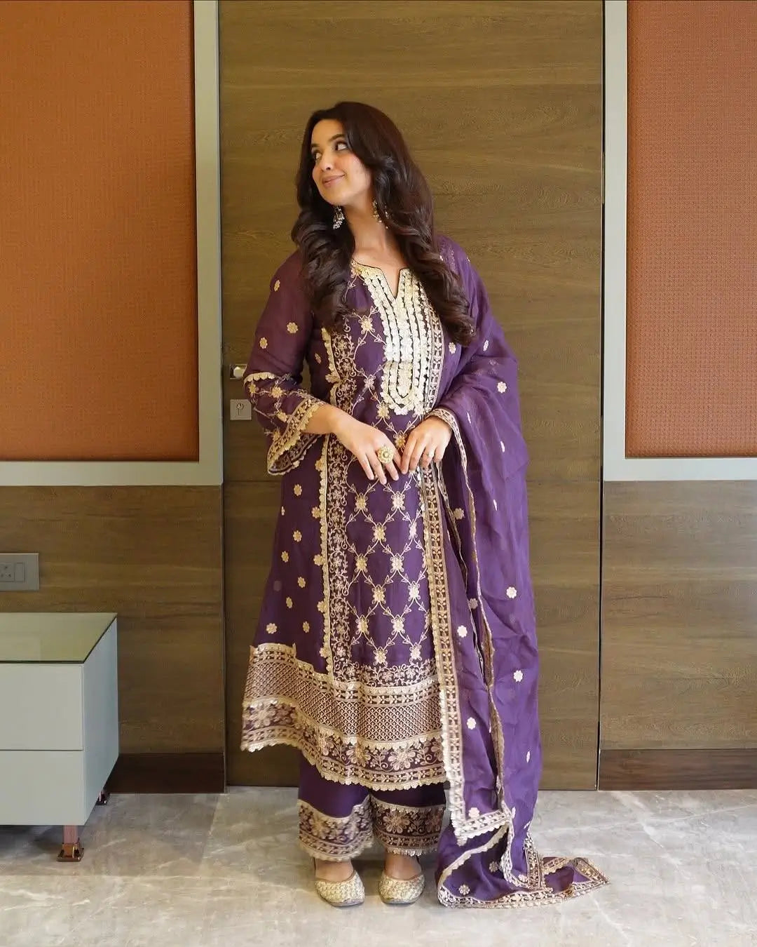 Embroidered Chinnon Straight Suit Set
