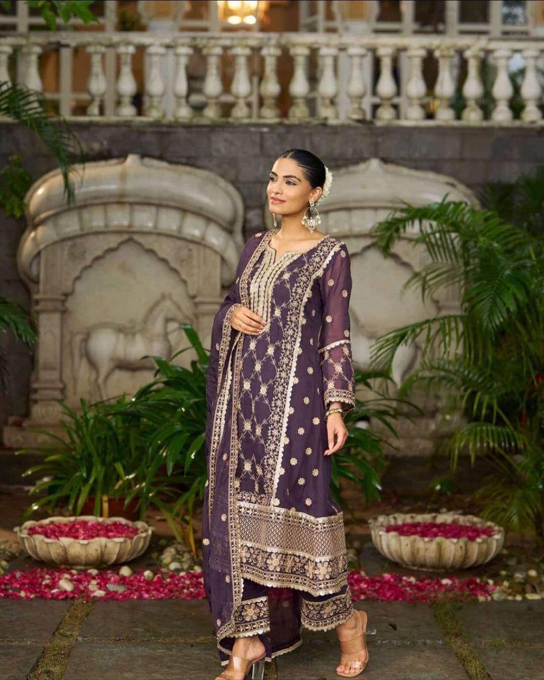 Embroidered Chinnon Straight Suit Set