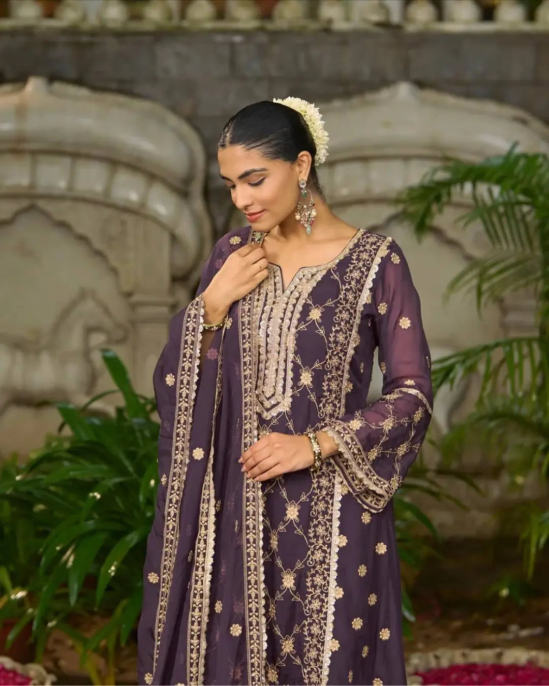 Embroidered Chinnon Straight Suit Set