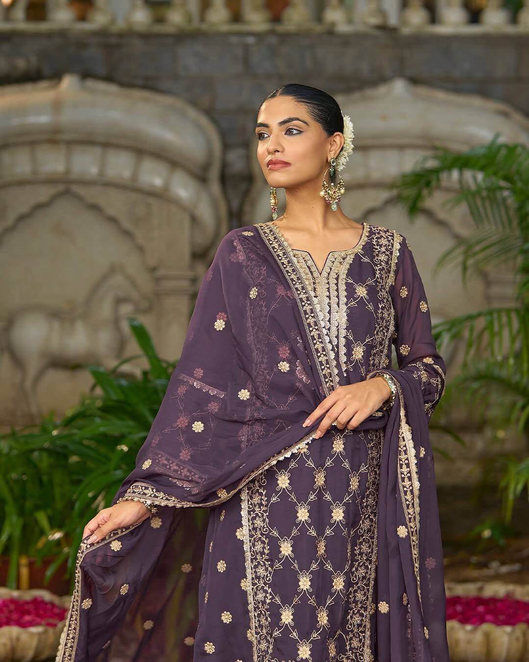 Embroidered Chinnon Straight Suit Set