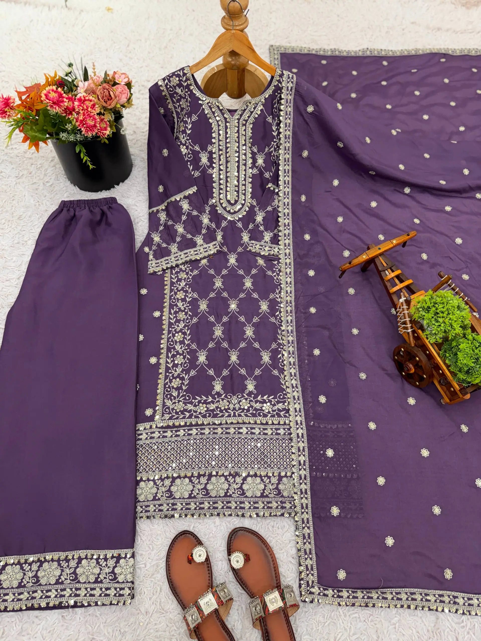 Embroidered Chinnon Straight Suit Set