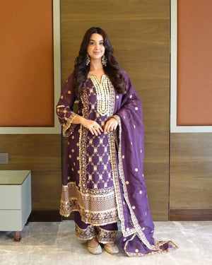 Embroidered Chinnon Straight Suit Set