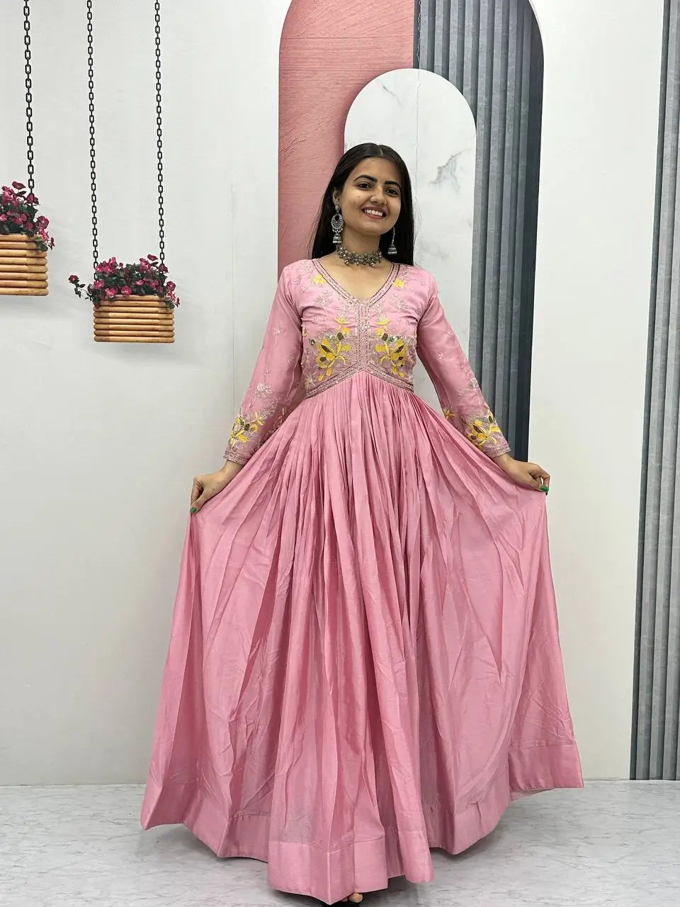Embroidered Chinon Gown