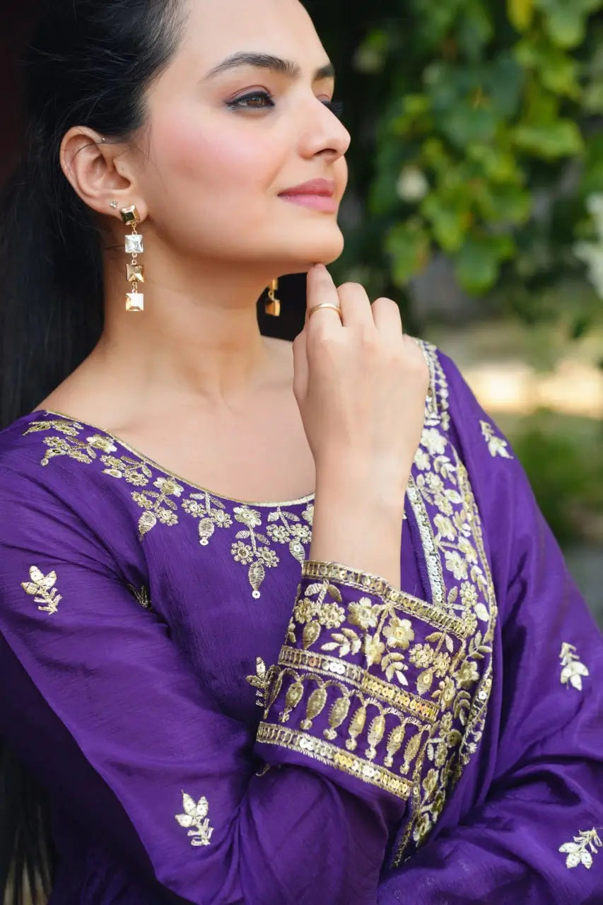Embroidered Chinon Gown Pant Set