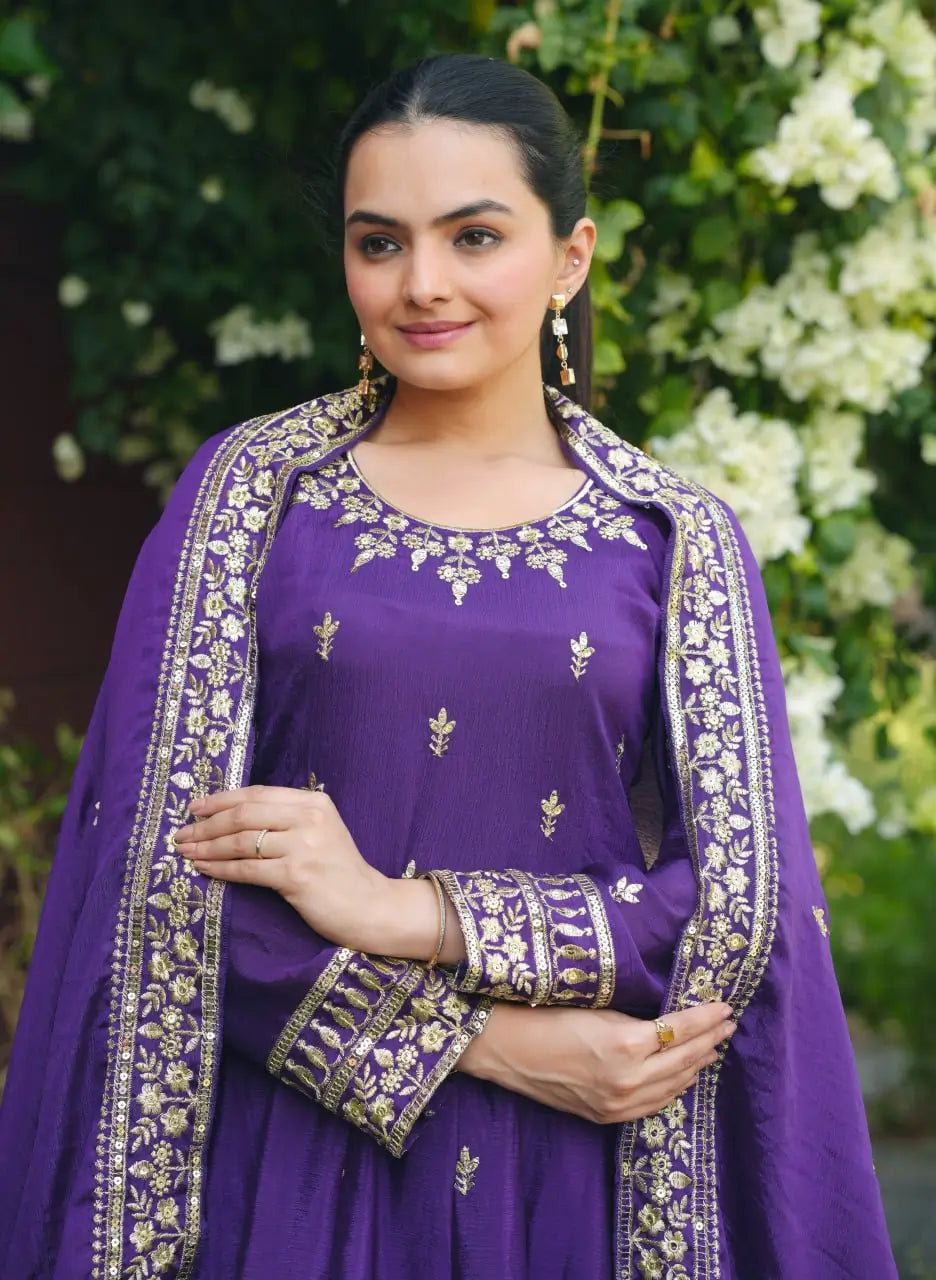 Embroidered Chinon Gown Pant Set