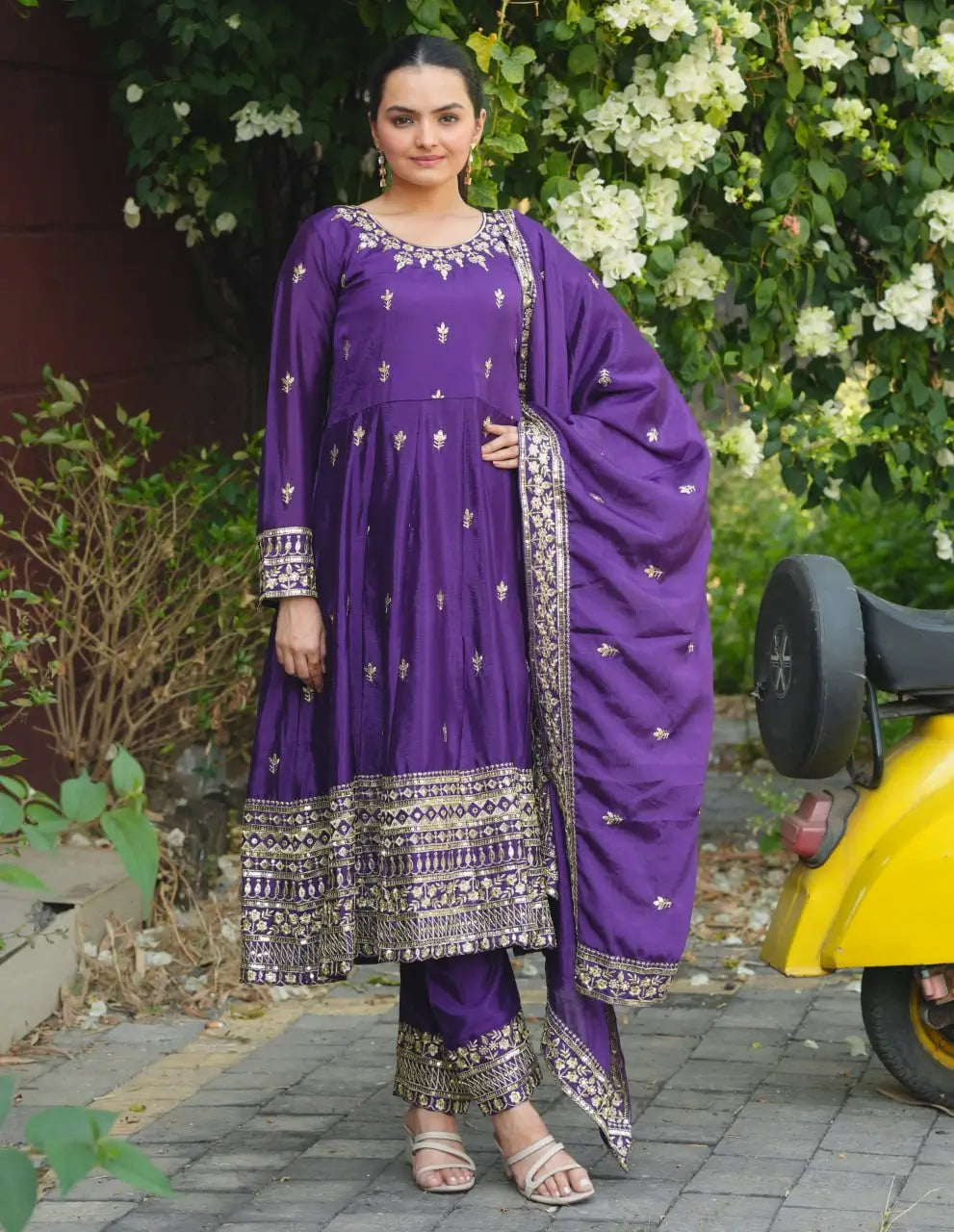 Embroidered Chinon Gown Pant Set