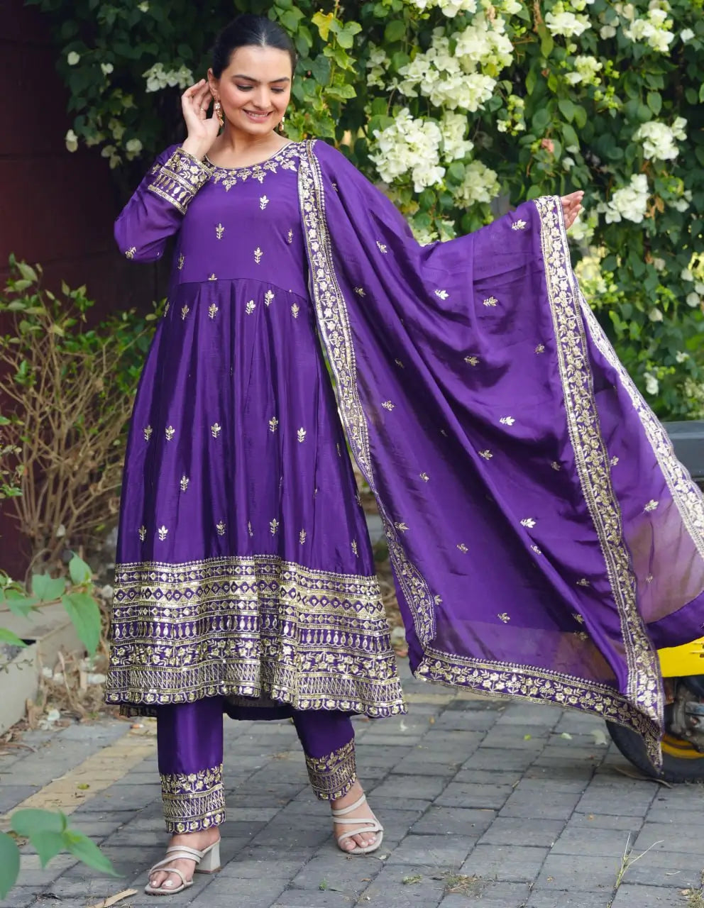Embroidered Chinon Gown Pant Set
