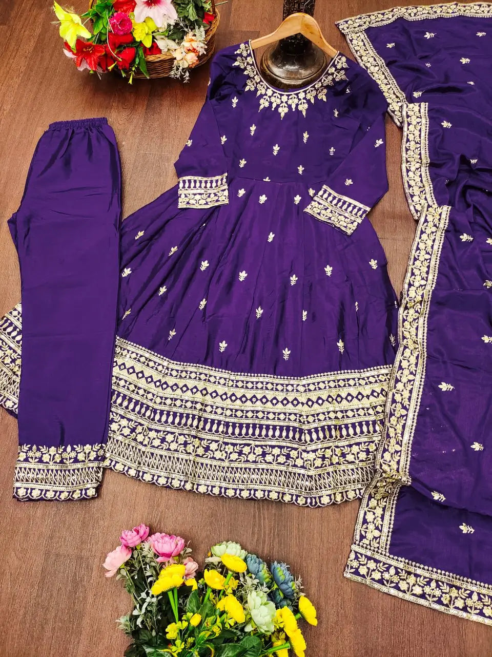Embroidered Chinon Gown Pant Set