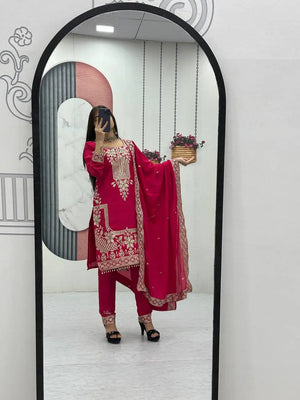 Embroidered Chinon Kurta Pant Set with Dupatta