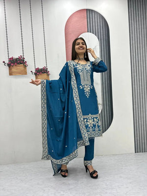 Embroidered Chinon Kurta Pant Set with Dupatta