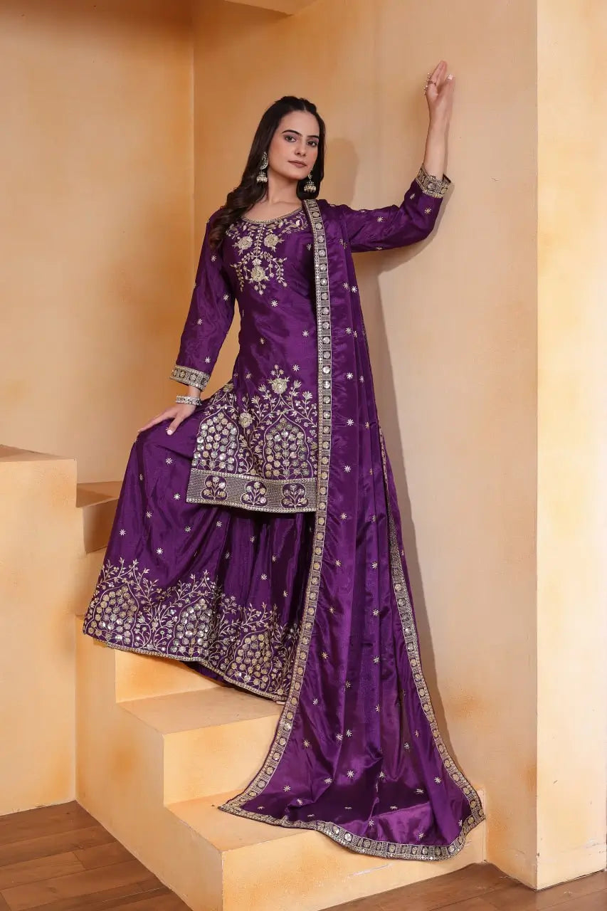 Embroidered Chinon Kurta Sharara Set