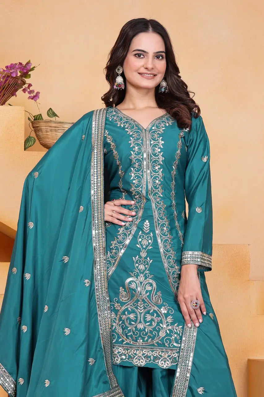 Embroidered Chinon Kurta Sharara Set