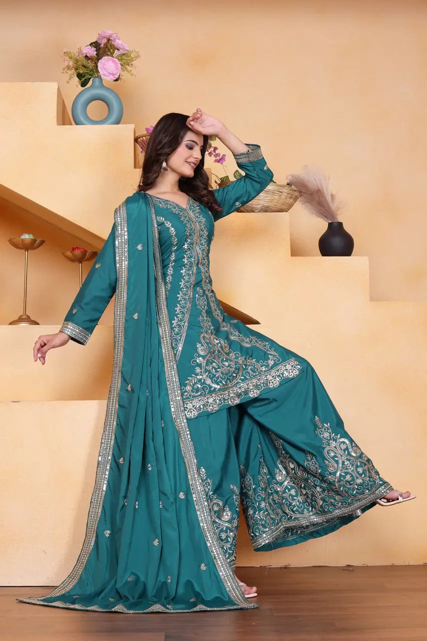 Embroidered Chinon Kurta Sharara Set