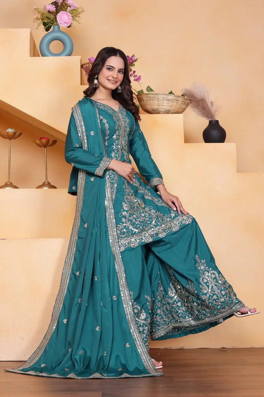 Embroidered Chinon Kurta Sharara Set