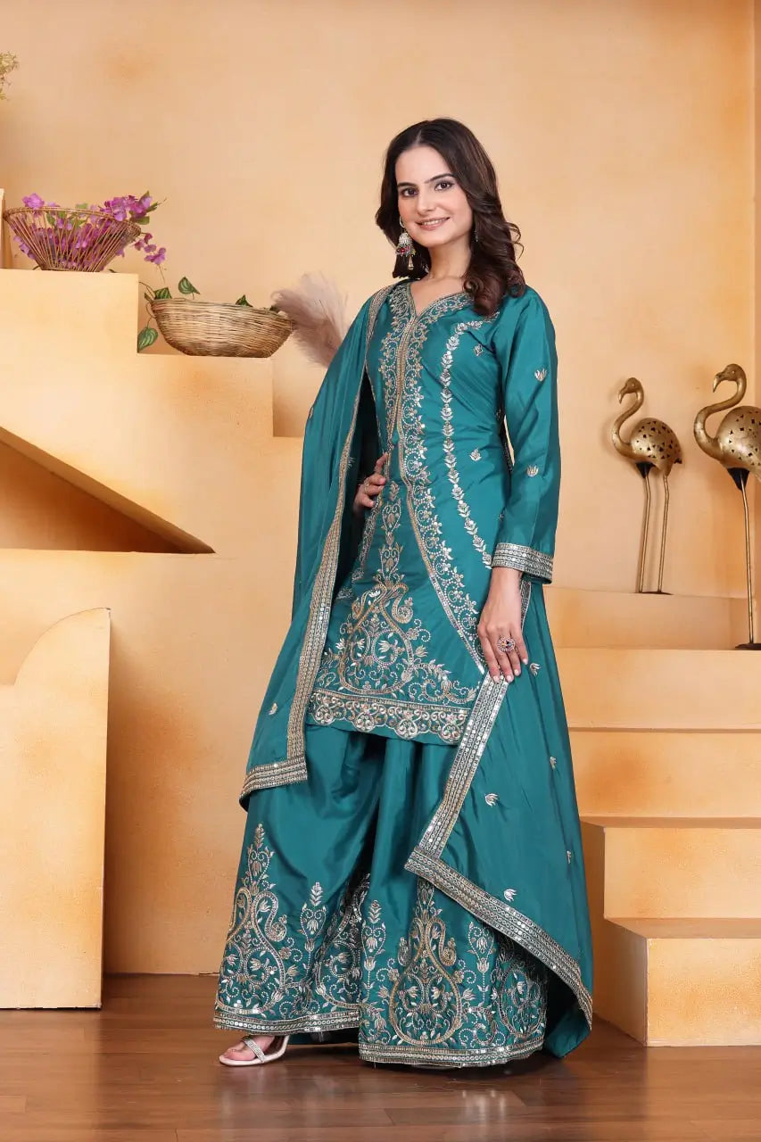 Embroidered Chinon Kurta Sharara Set