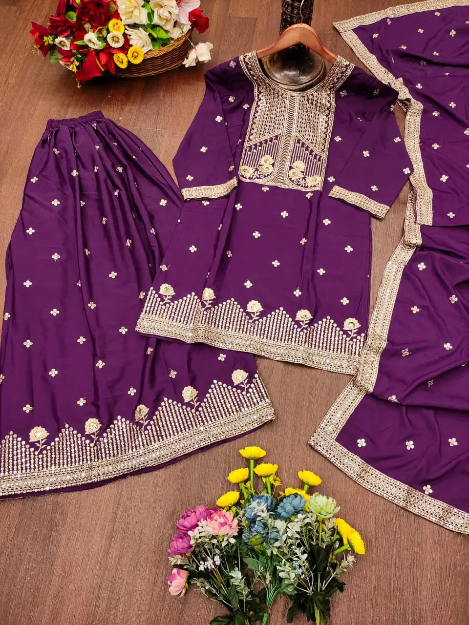 Embroidered Chinon Kurta Sharara Set