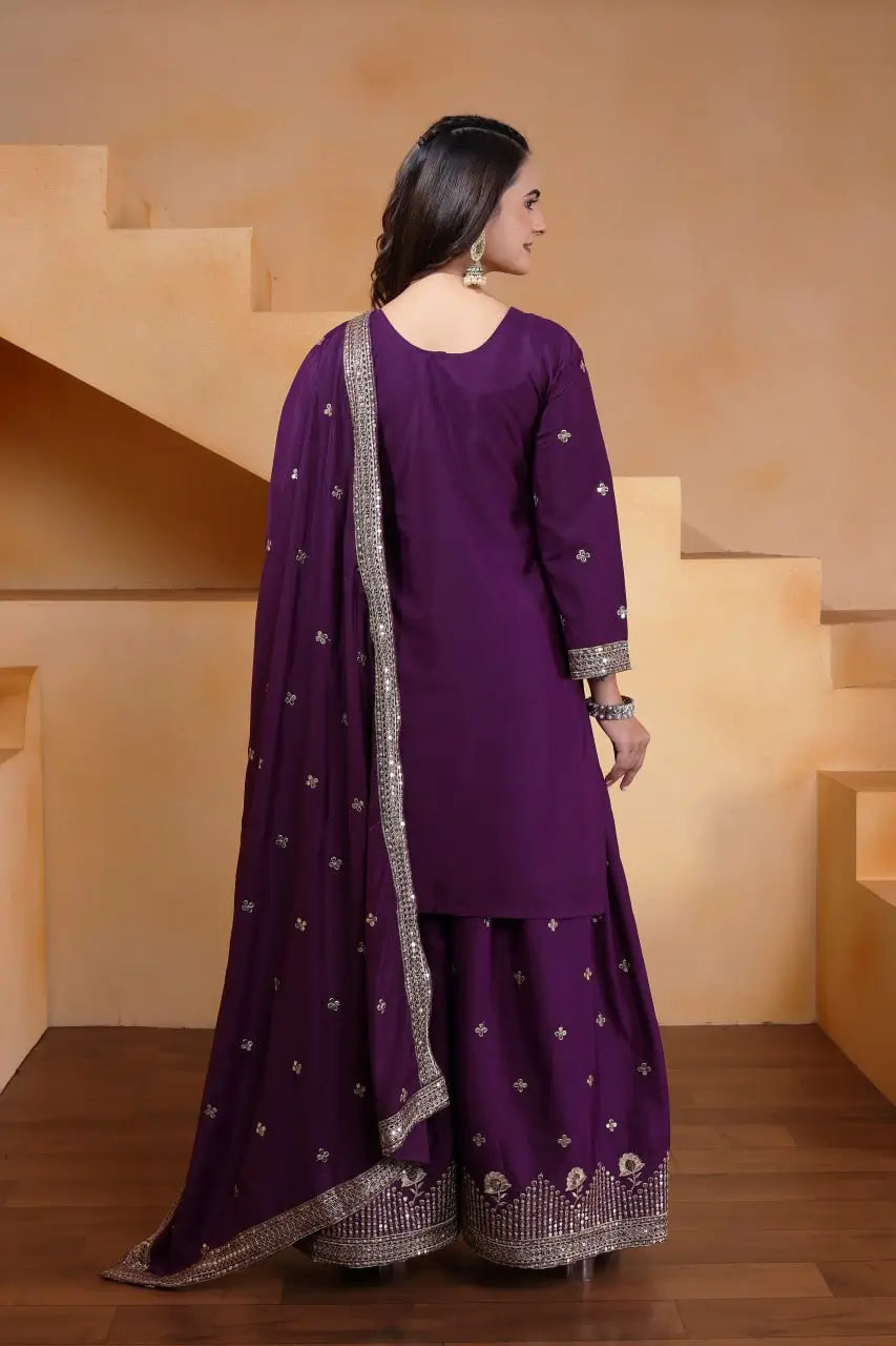 Embroidered Chinon Kurta Sharara Set