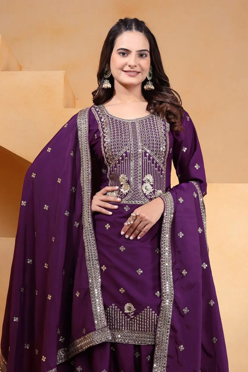 Embroidered Chinon Kurta Sharara Set