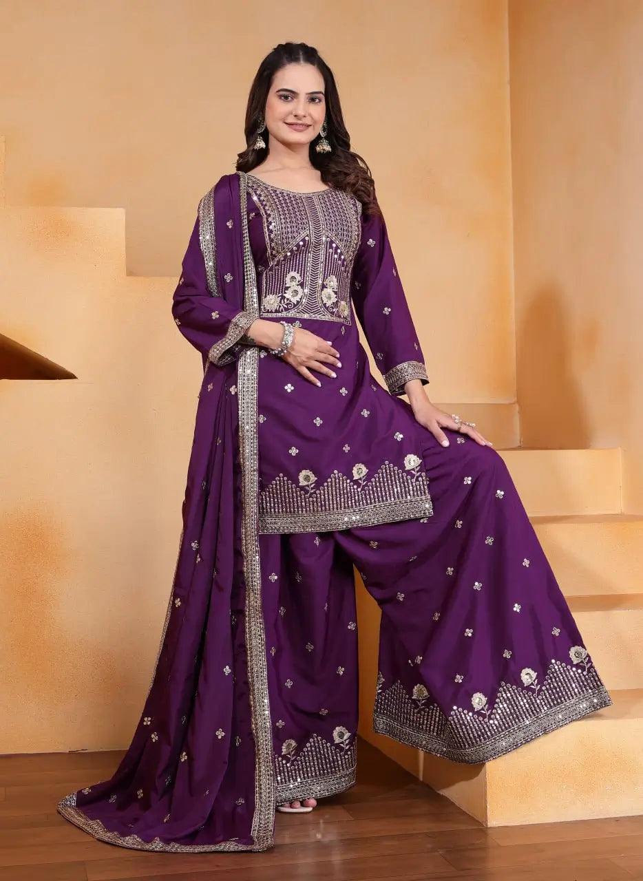 Embroidered Chinon Kurta Sharara Set