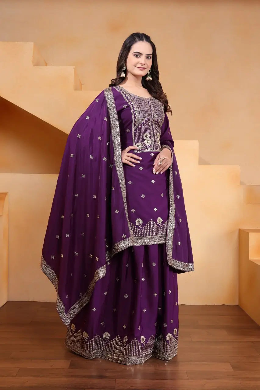 Embroidered Chinon Kurta Sharara Set