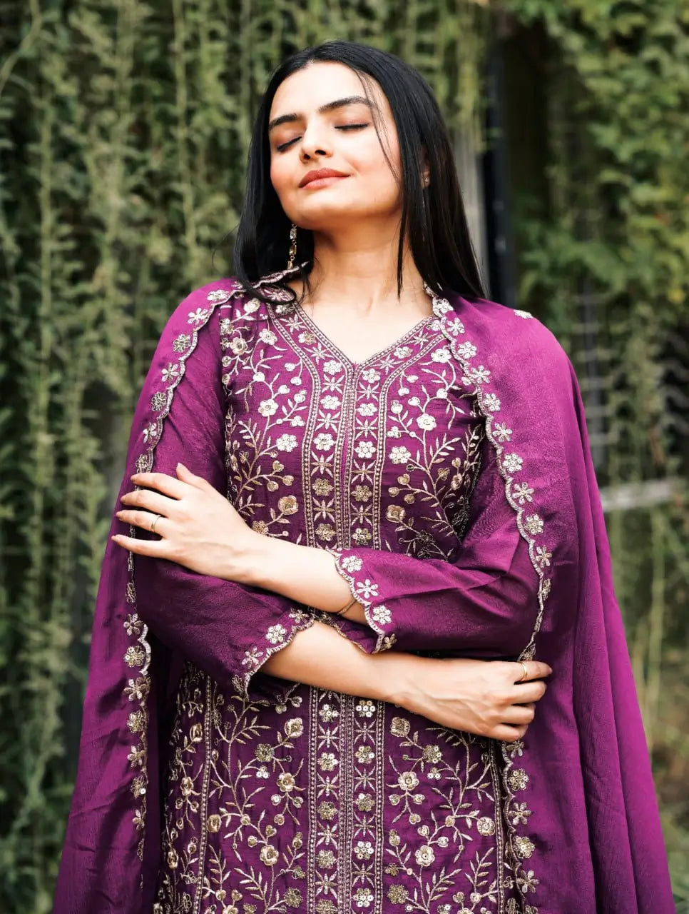 Embroidered Chinon Kurta Sharara Set