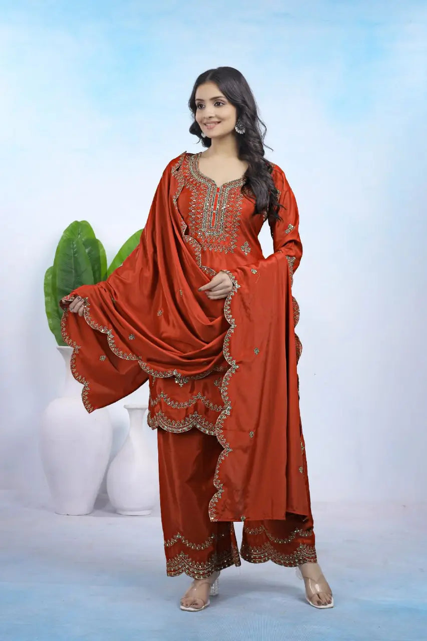 Embroidered Chinon Kurta Sharara Set