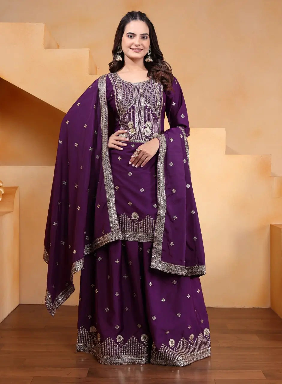 Embroidered Chinon Kurta Sharara Set