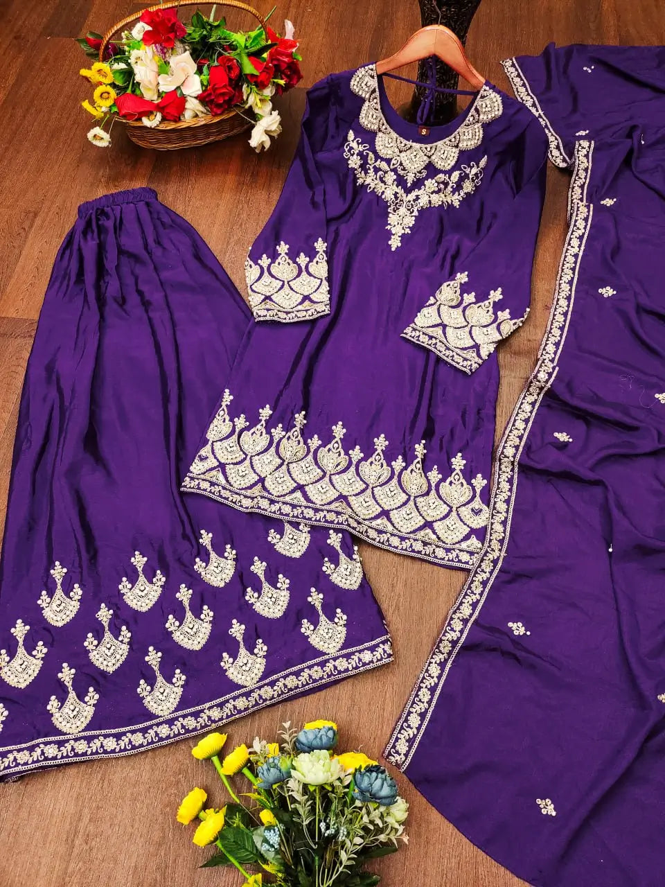 Embroidered Chinon Kurta Sharara Set