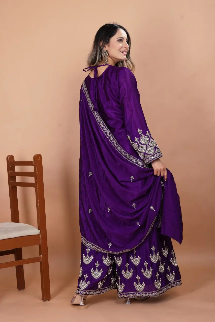 Embroidered Chinon Kurta Sharara Set
