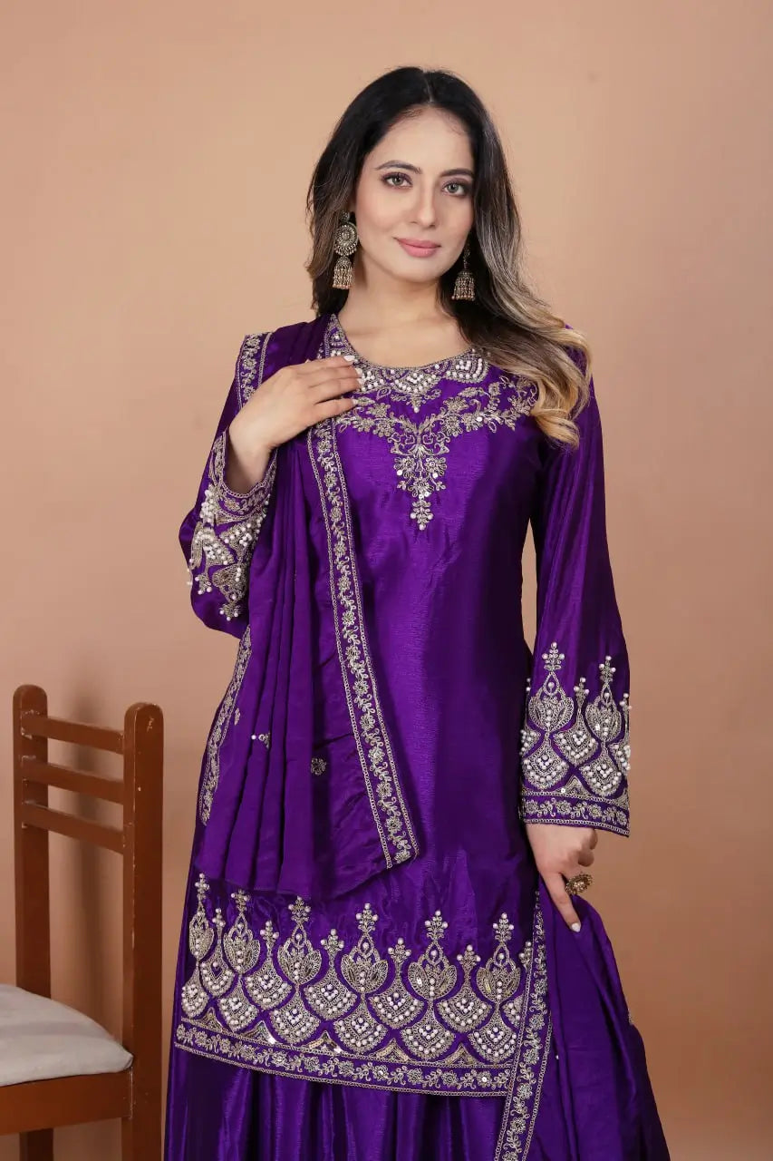 Embroidered Chinon Kurta Sharara Set