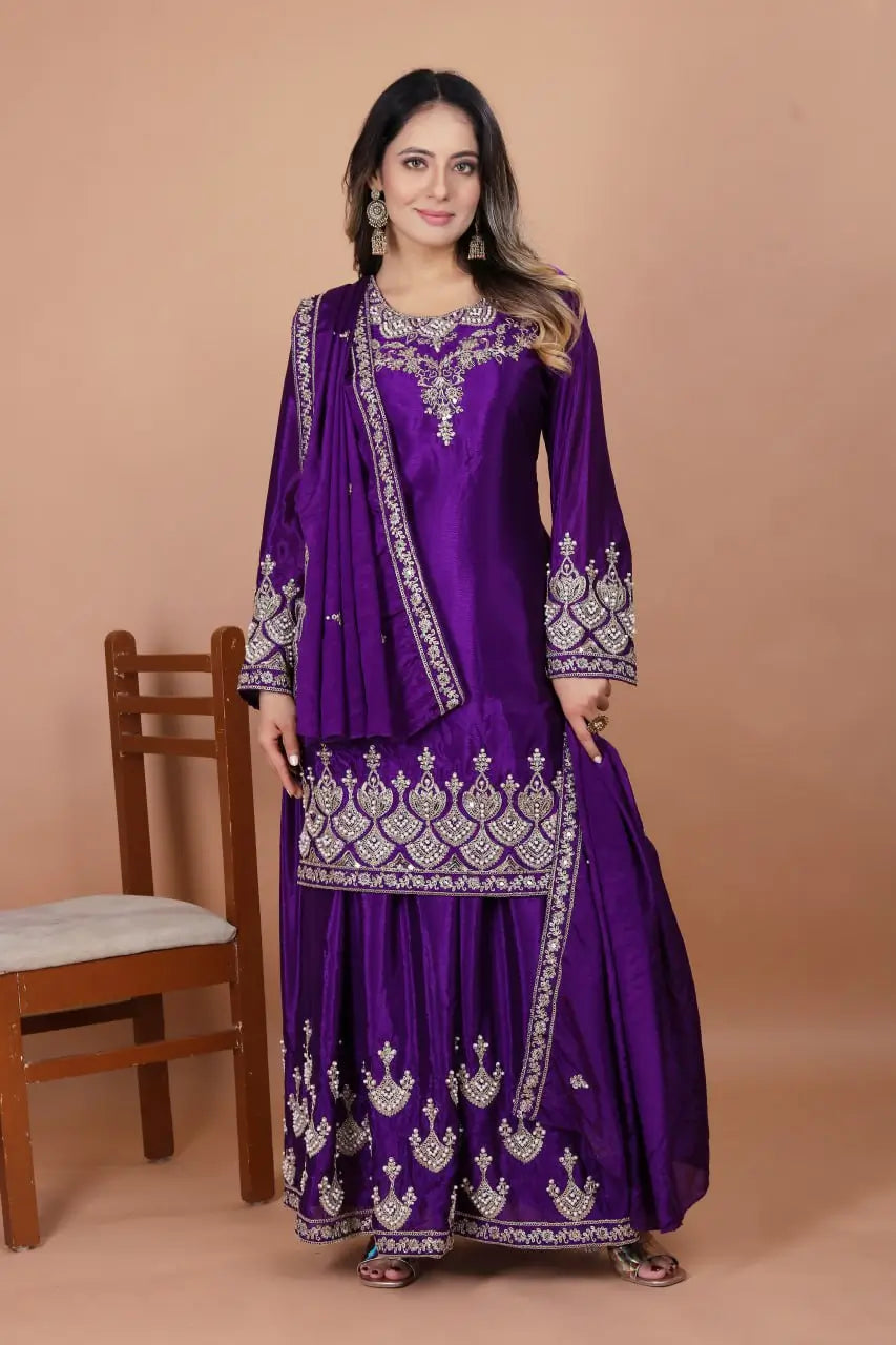 Embroidered Chinon Kurta Sharara Set