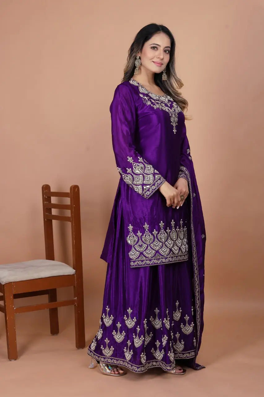 Embroidered Chinon Kurta Sharara Set