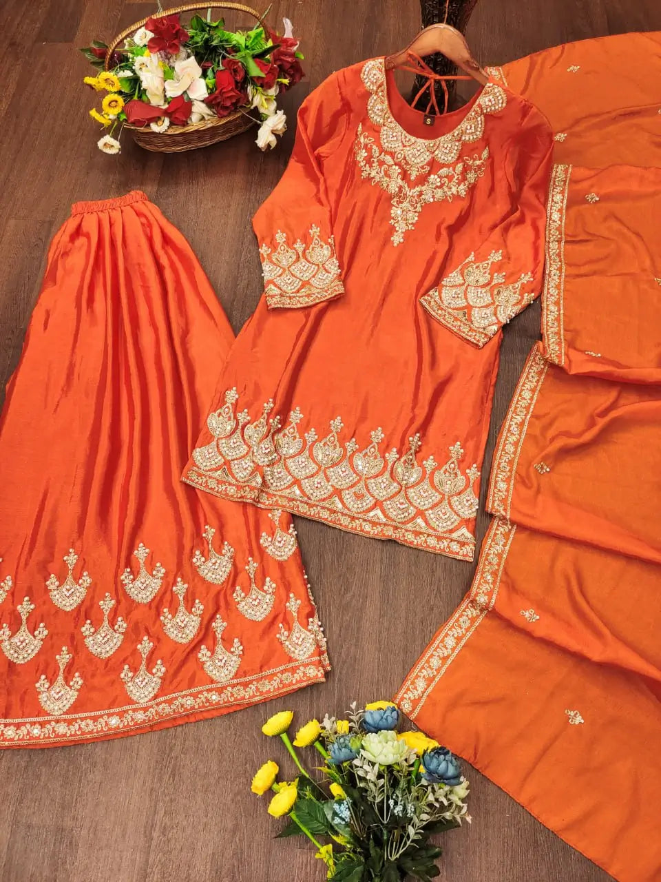 Embroidered Chinon Kurta Sharara Set