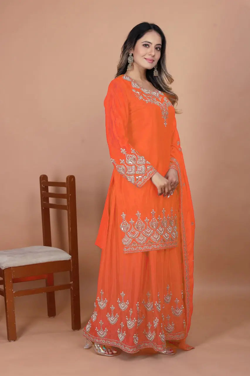 Embroidered Chinon Kurta Sharara Set