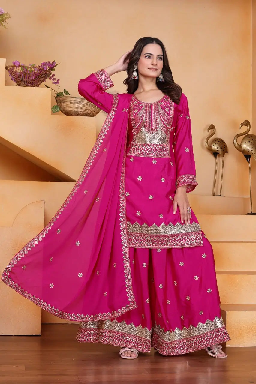 Embroidered Chinon Kurta Sharara Set