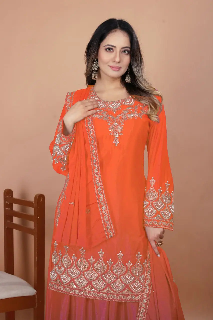 Embroidered Chinon Kurta Sharara Set
