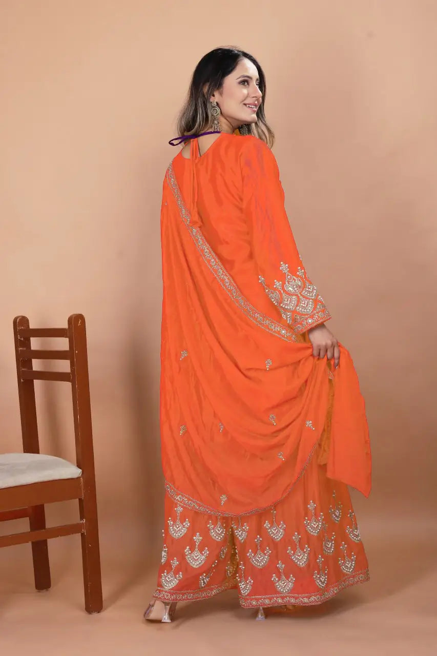 Embroidered Chinon Kurta Sharara Set