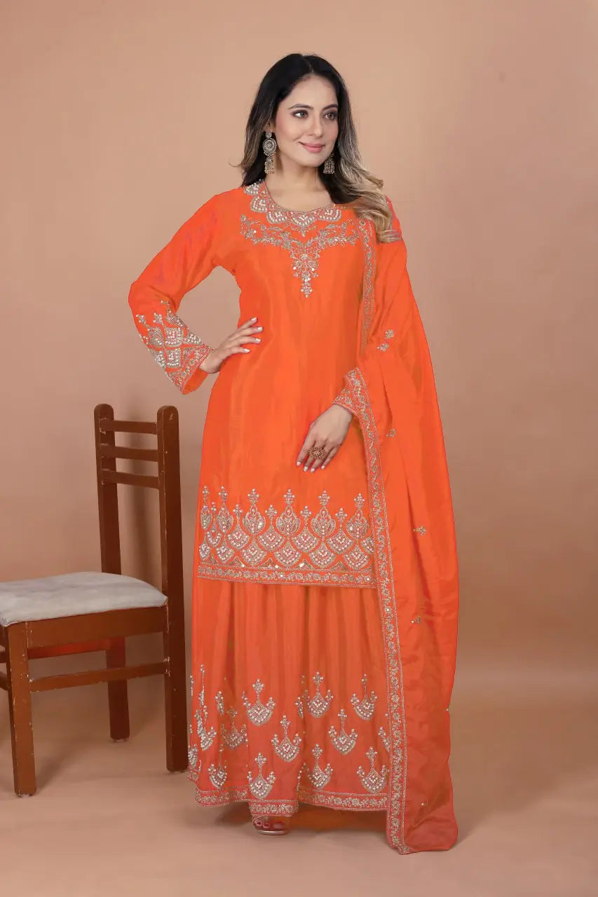 Embroidered Chinon Kurta Sharara Set